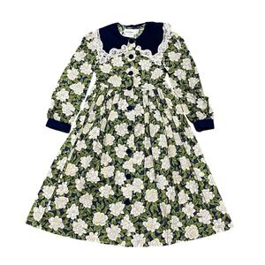 Bonnie Jean Dress Floral Velvet Navy Blue White Roses Lace Collar Girls's 7